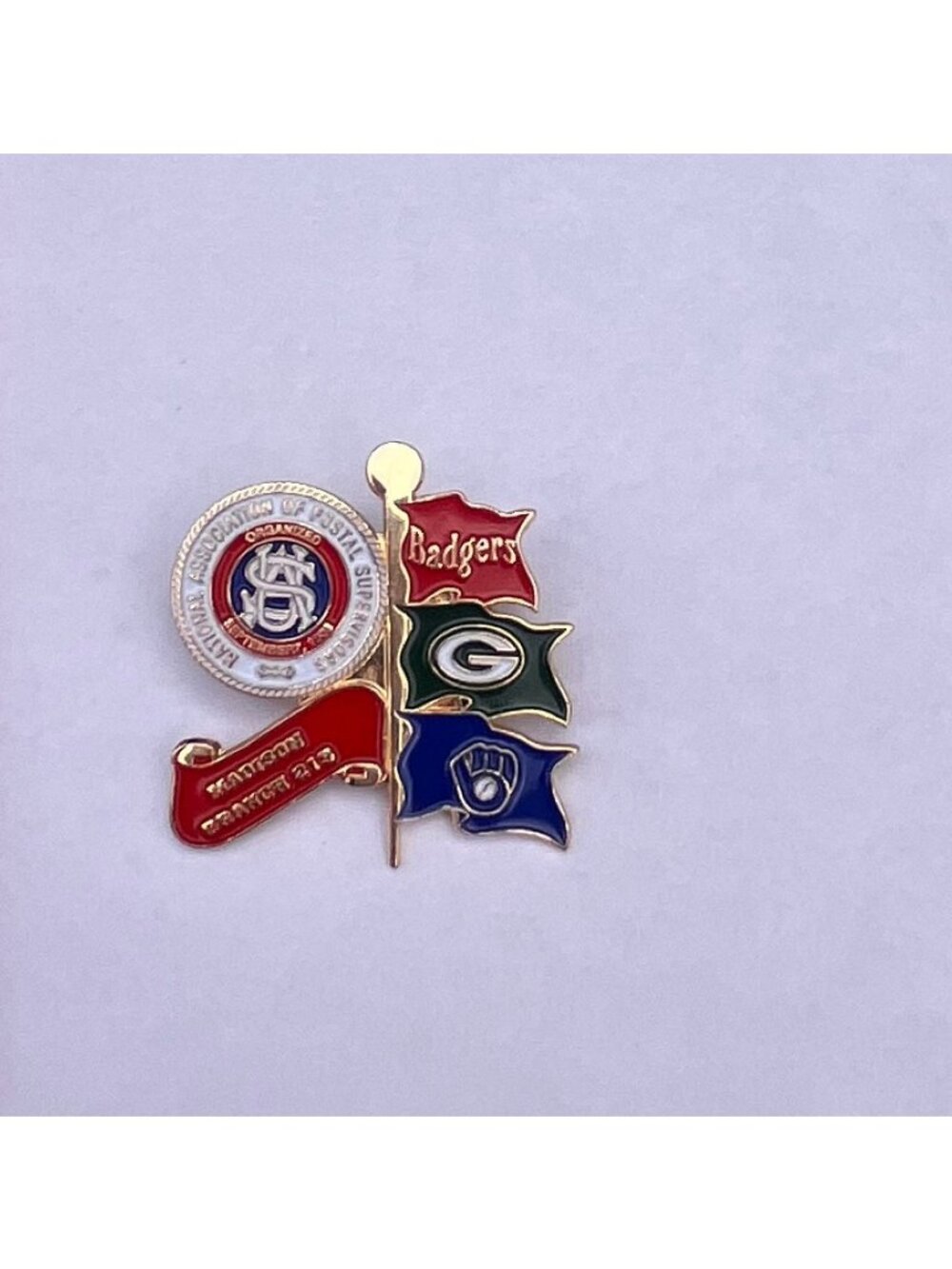 Vintage NAPS Branch 218 Milwaukee WI Sports Flags Enamel Lapel Pin Badgers Packe